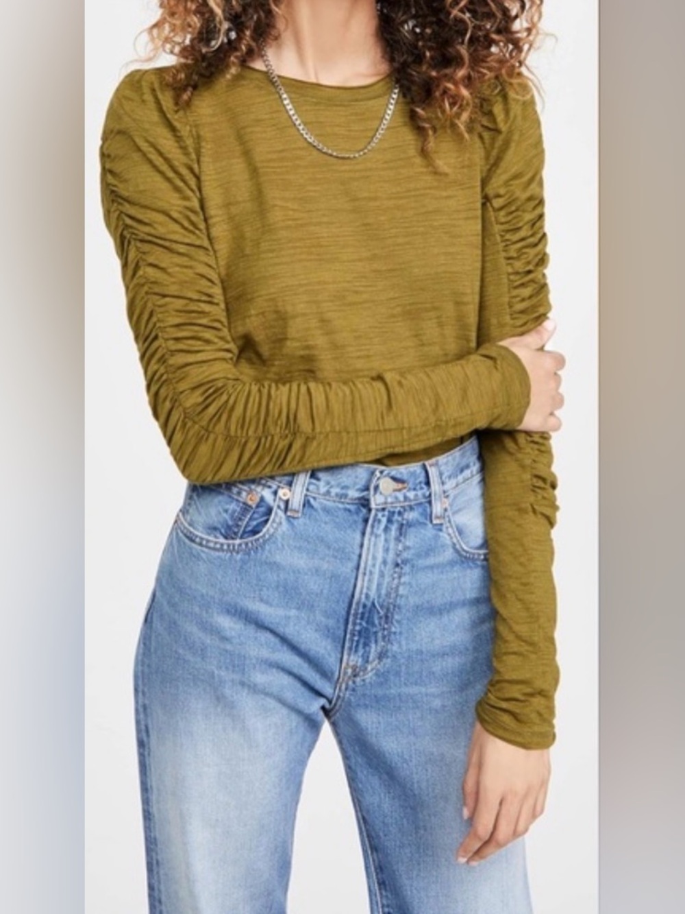 Free People Natasha Ruched Sleeve Top Olive Green Thumbhole Lightweight Size S